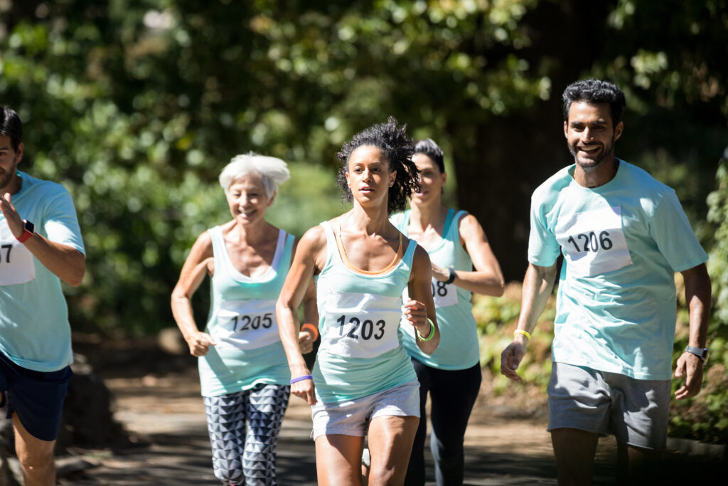 marathon athletes walking in the park